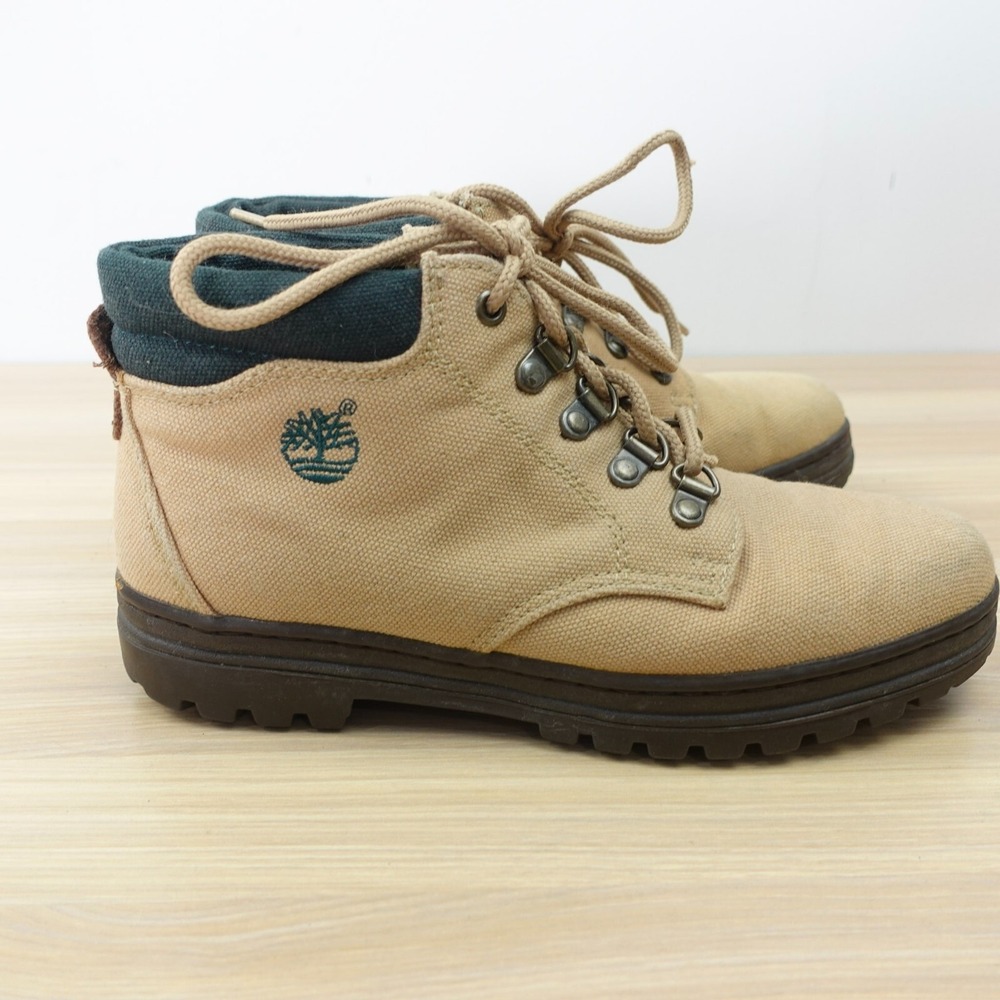 Vintage 90s Tan Leather Hiking Boots Womens 7 Lug Sole Safari Beige Timberland